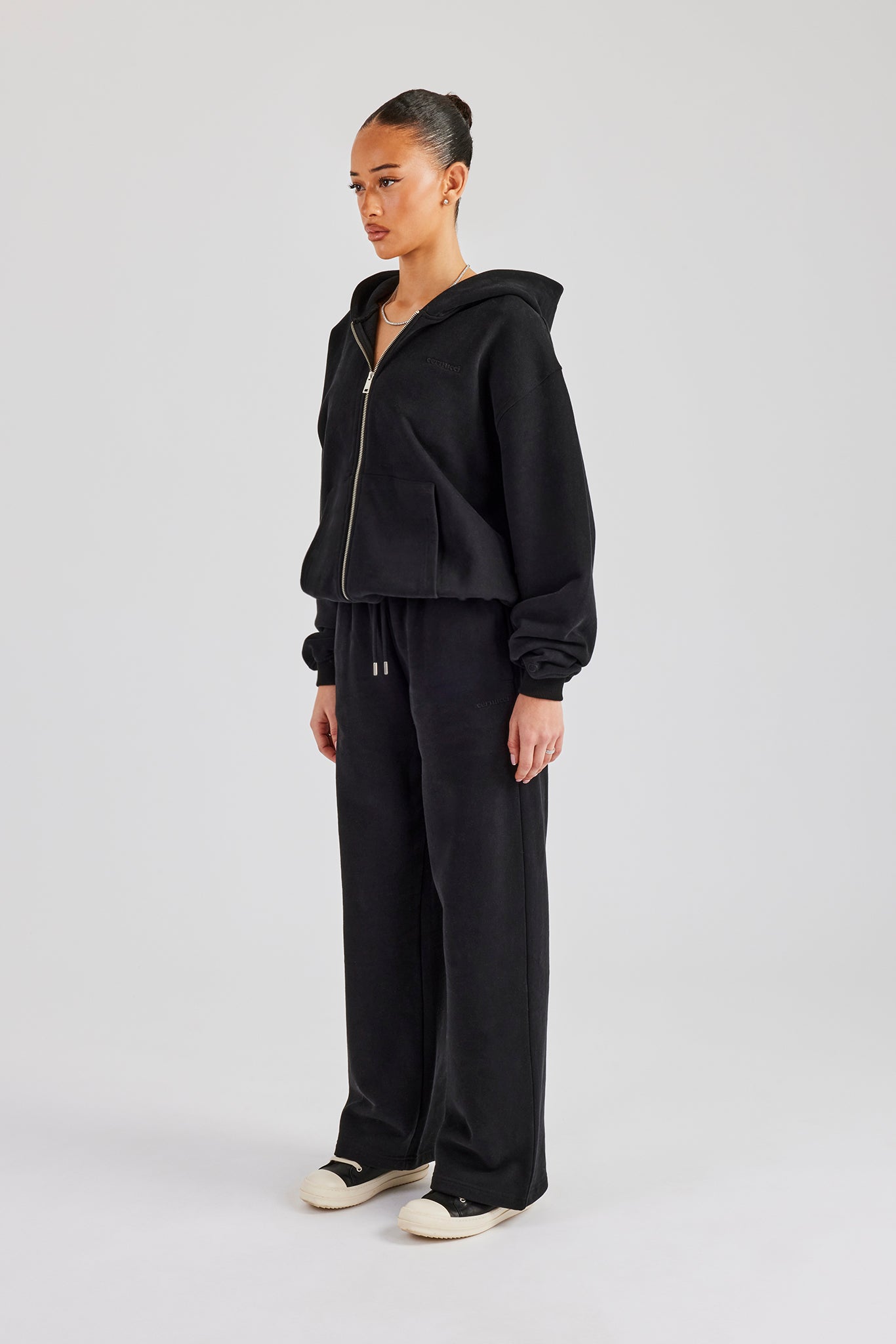 Oversized Zip Through Hoodie & Embroidered Wide Leg Jogger - Black